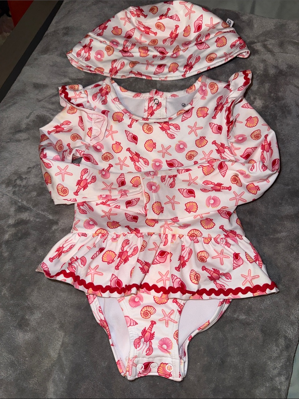 Sperry Pink and Coral Shell-Print Long Sleeve One-Piece Swim with Hat
